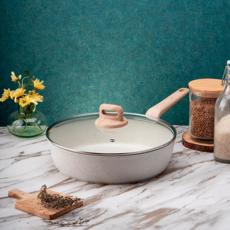 Tigaie cu capac Oliver Voltz Nice OV54419E26CD, 26x7 cm, Acoperire marmura, Inductie, Crem melanj