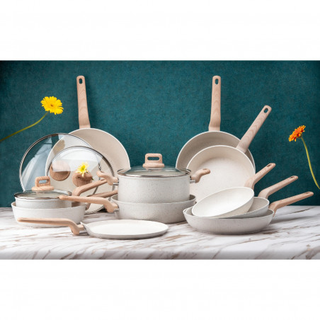 Tigaie cu capac Oliver Voltz Nice OV54419E26CD, 26x7 cm, Acoperire marmura, Inductie, Crem melanj