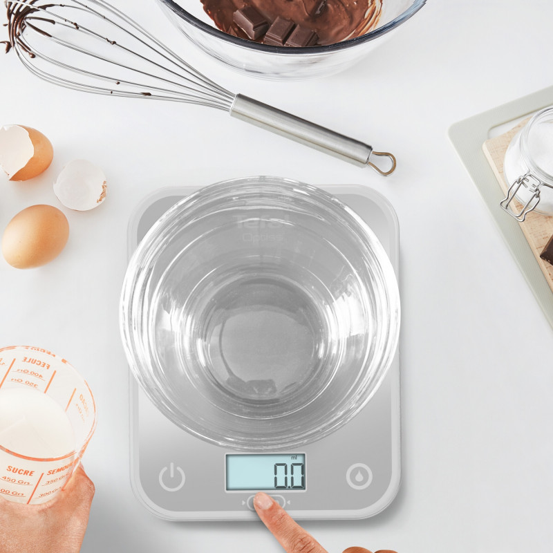 Cantar de bucatarie Tefal Optiss BC50U4V0, Pana la 5 kg, TARE, LCD, Sticla, Cifre mari, Argintiu