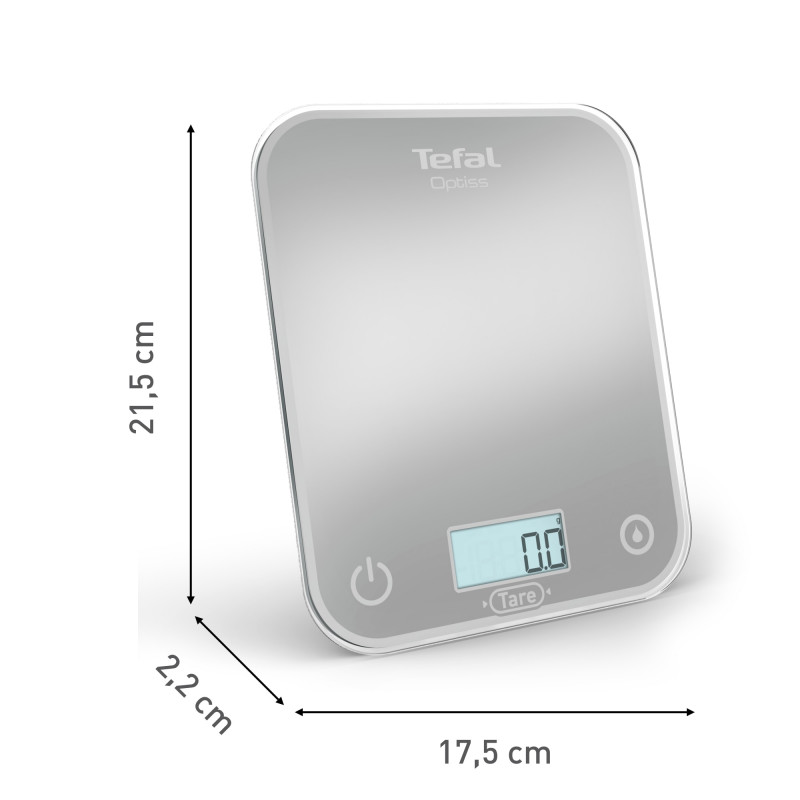 Cantar de bucatarie Tefal Optiss BC50U4V0, Pana la 5 kg, TARE, LCD, Sticla, Cifre mari, Argintiu