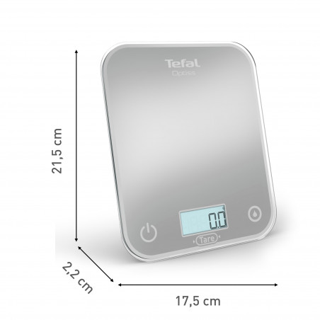 Cantar de bucatarie Tefal Optiss BC50U4V0, Pana la 5 kg, TARE, LCD, Sticla, Cifre mari, Argintiu
