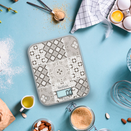 Cantar de bucatarie Tefal Optiss BC50D6V0, Pana la 5 kg, TARE, LCD, Sticla, Cifre mari, Gri/Alb