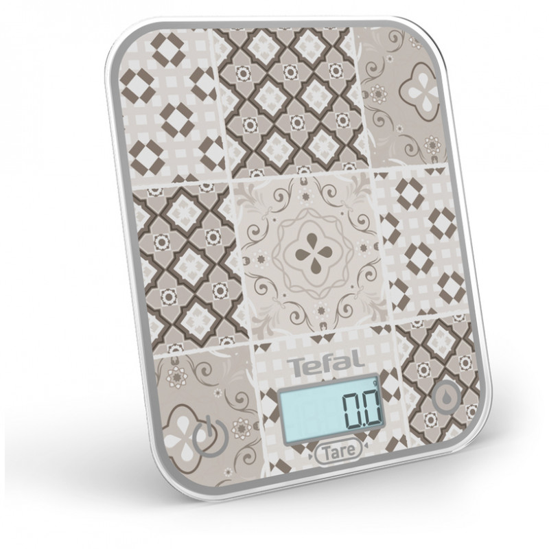 Cantar de bucatarie Tefal Optiss BC50D6V0, Pana la 5 kg, TARE, LCD, Sticla, Cifre mari, Gri/Alb