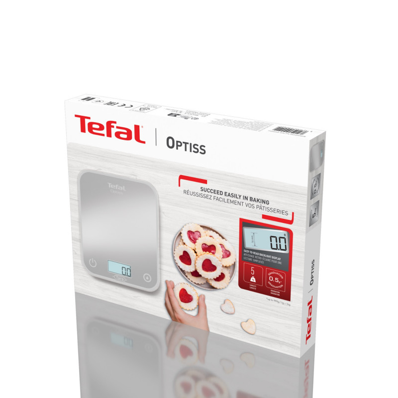 Cantar de bucatarie Tefal Optiss BC50D6V0, Pana la 5 kg, TARE, LCD, Sticla, Cifre mari, Gri/Alb