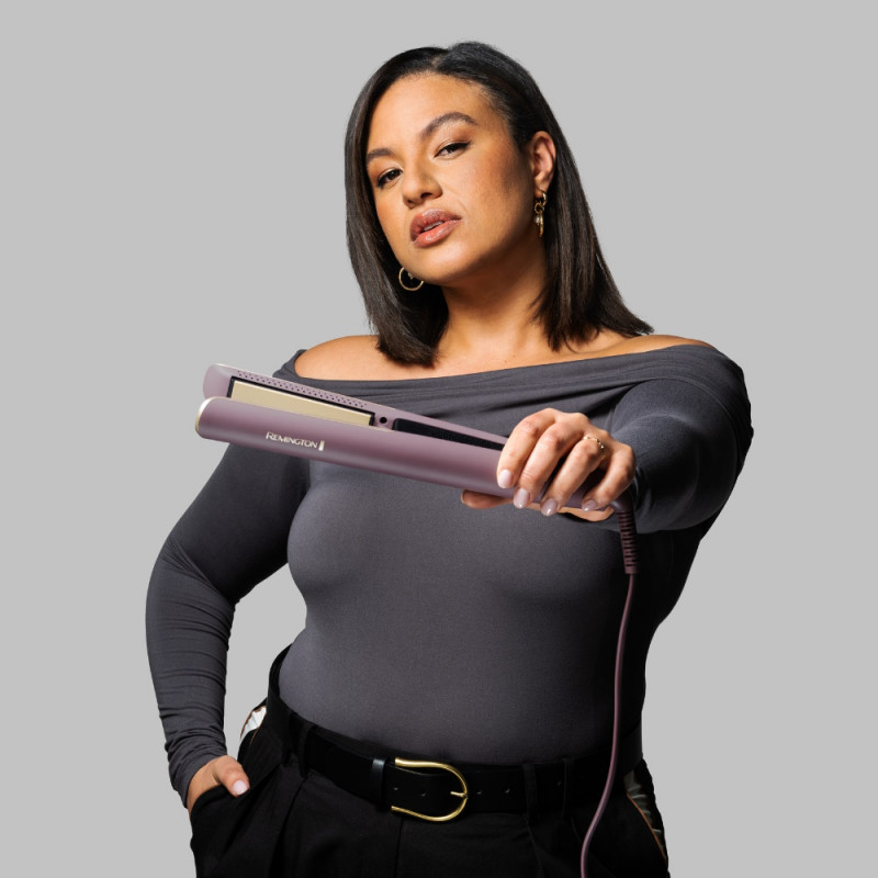 Placă de îndreptat părul Remington S8930 AIRvive™, 61 W, 5 setări până la 230 °C, acoperire ceramică, aer ionic, afișaj LCD, violet/auriu