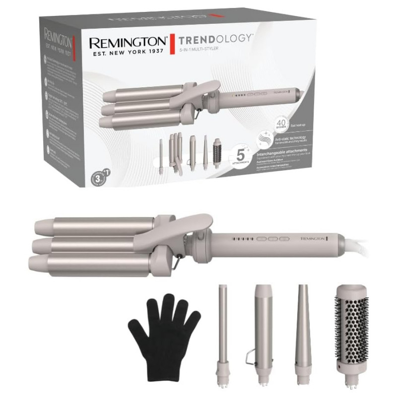 Aparat de coafat parul Remington CI41MS5 Trendology 5-in-1, 92 W, 5 setari pana la 210°C, Acoperire ceramica, Ionizare, Afisaj LED, Violet/Auriu