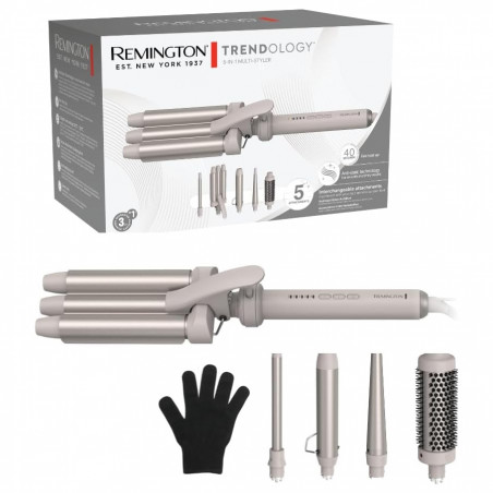 Aparat de coafat parul Remington CI41MS5 Trendology 5-in-1, 92 W, 5 setari pana la 210°C, Acoperire ceramica, Ionizare, Afisaj LED, Violet/Auriu