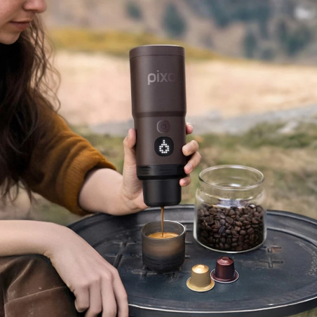 Espressor portabil Wacaco Pixapresso, 20 bari, 210 ml, Cafea macinata si capsule NS/Nespresso, 9000 mAh, Maro