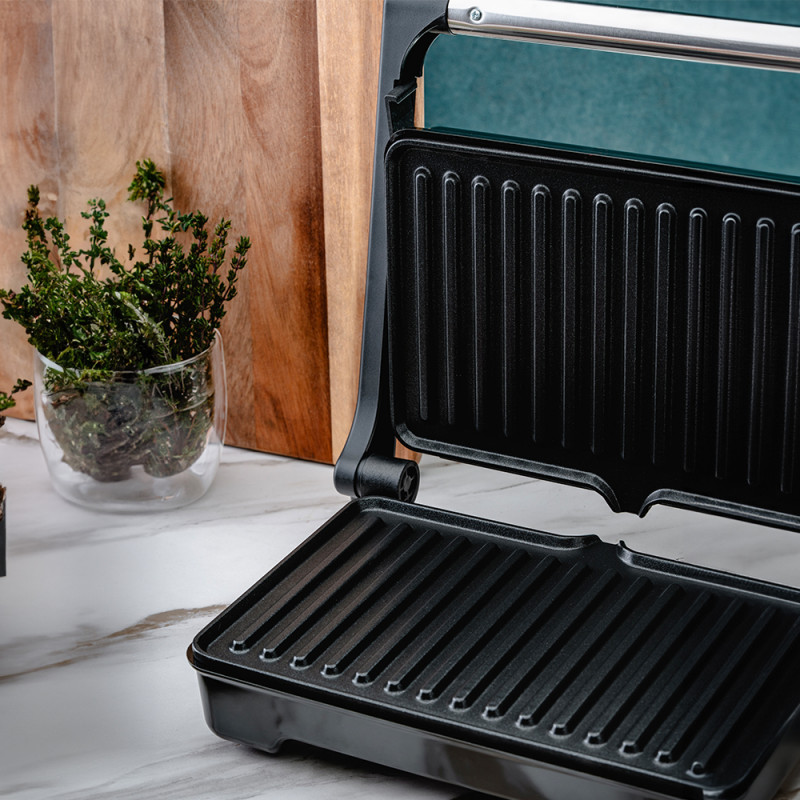 Gratar grill electric Rosberg R51442I, 1500W, Acoperire antiaderenta, Deschidere 180°, Tava grasime, Inox/Negru