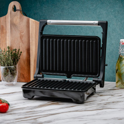 Gratar grill electric Rosberg R51442I, 1500W, Acoperire antiaderenta, Deschidere 180°, Tava grasime, Inox/Negru