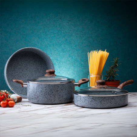 Tigaie cu capac Oliver Voltz Siena OV51319J26CD, 26 cm, Adanca, Acoperire marmura, Inducție, Fara PFOA, Gri