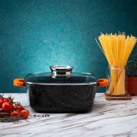 Roaster Oliver Voltz OV54323C26A, 26 cm, 5.4 l, Capac din sticla, Finisaj marmura, Inductie, Negru