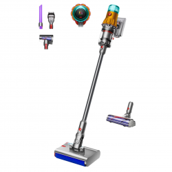 Aspirator vertical Dyson V12s Detect Slim Submarine 485350-01, 140AW, 0,35 L, 60 min, uscat/umed, 3 moduri, HEPA, senzor de praf, golire igienică, LCD cu date în timp real, nichel/galben