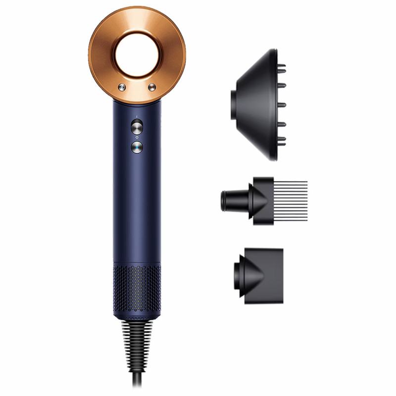 Uscător de păr Dyson Supersonic HD07 Pbu/Rco 113312-01, 1600 W, 3 viteze, 4 temperaturi, Cool shot, 110.000 rpm, ionizare, accesorii, albastru/cupru