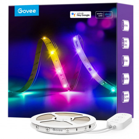 Bandă LED inteligentă Govee RGBIC H618A3D1, 12 W, 5 m, 90 LED-uri, Wi-Fi, Bluetooth, Alexa, control vocal și mobil, albă