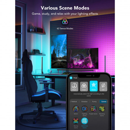 Set de 2 lămpi LED inteligente pentru jocuri Govee RGBIC H6047, 24 W, segmente de culoare adresabile, Wi-Fi, Bluetooth, Govee Home, negru