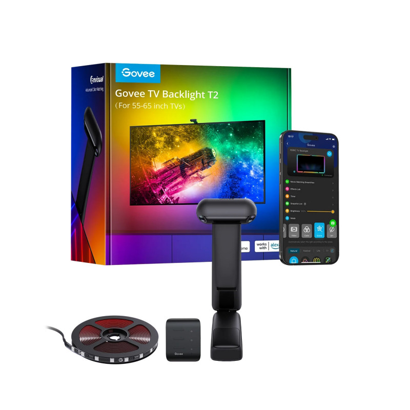 Govee Envisual T2 RGBIC H605C Bandă LED inteligentă pentru televizor, 36 W, segmente de culoare adresabile, Wi-Fi, Bluetooth, televizor de până la 65", sincronizare culori, control vocal, negru