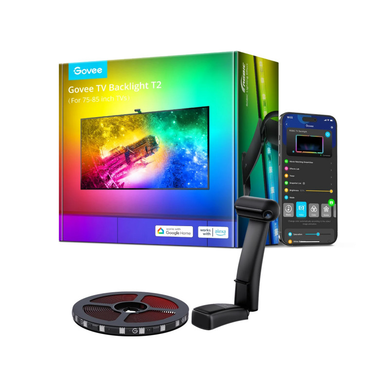 Govee Envisual T2 RGBIC H605C Bandă LED inteligentă pentru televizor, 36 W, segmente de culoare adresabile, Wi-Fi, Bluetooth, televizor de până la 65", sincronizare culori, control vocal, negru