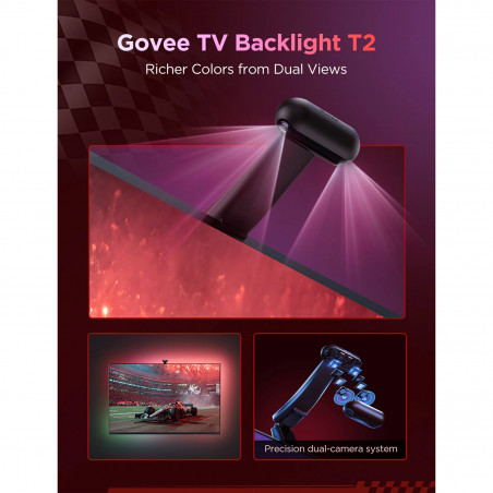 Govee Envisual T2 RGBIC H605C Bandă LED inteligentă pentru televizor, 36 W, segmente de culoare adresabile, Wi-Fi, Bluetooth, televizor de până la 65", sincronizare culori, control vocal, negru