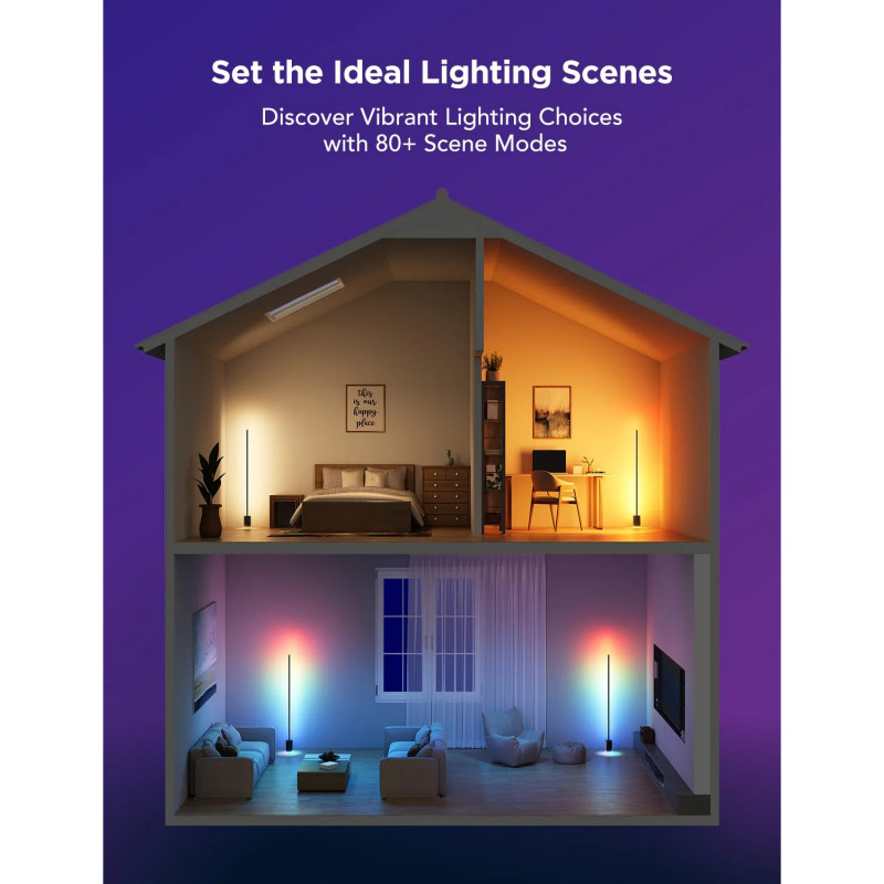 Lampa de podea Govee 2 RGBICWW H607C Lampa LED inteligentă, 152 cm, 30 W, 1725 lm, 6500 K, Wi-Fi, Bluetooth, Govee Home, negru