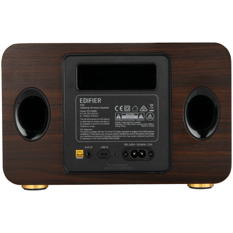 Difuzor Edifier D32 BL-WALNUT, 60 W, 11 ore, audio de înaltă rezoluție/wireless, Bluetooth 5.3, Wi-Fi, Apple Airplay2, DRC, DSP, corp din lemn, nuc negru/maro