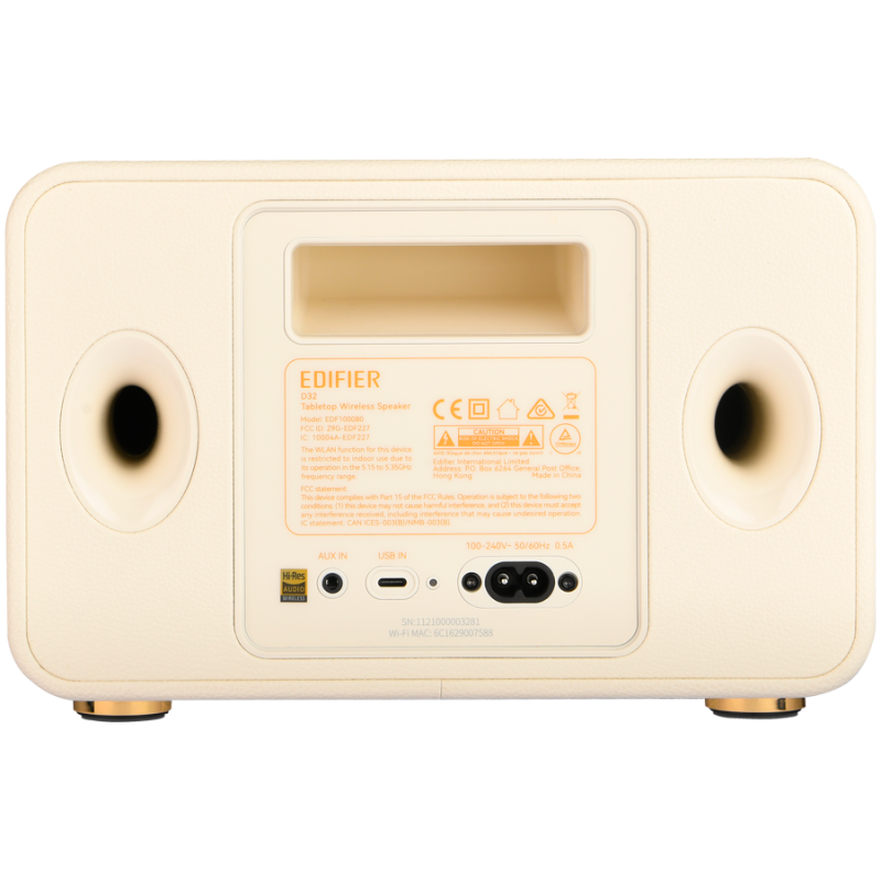 Boxa Edifier D32 WH, 60 W, Baterie pana la 11 h, Audio de inalta rezolutie/wireless, Bluetooth 5.3, Wi-Fi, Apple Airplay2, DRC, DSP, Carcasa din lemn, Alb