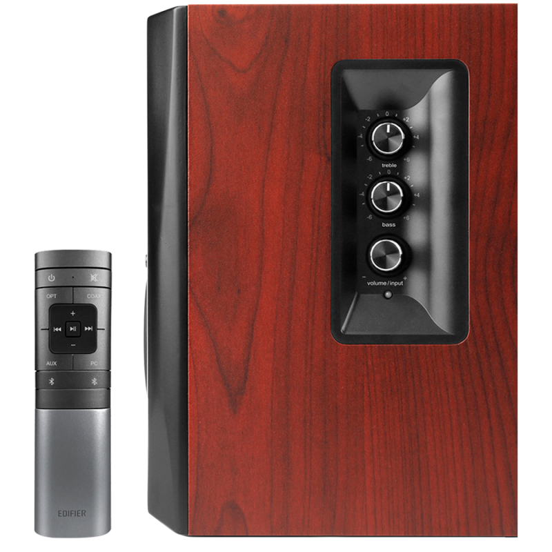 Sistem audio Edifier S350DB, 150 W RMS, Subwoofer de 8", 2 difuzoare woofer de 3,5", Difuzoare tweeter de 3/4", Bluetooth 5.1, Telecomanda, MDF, Maro