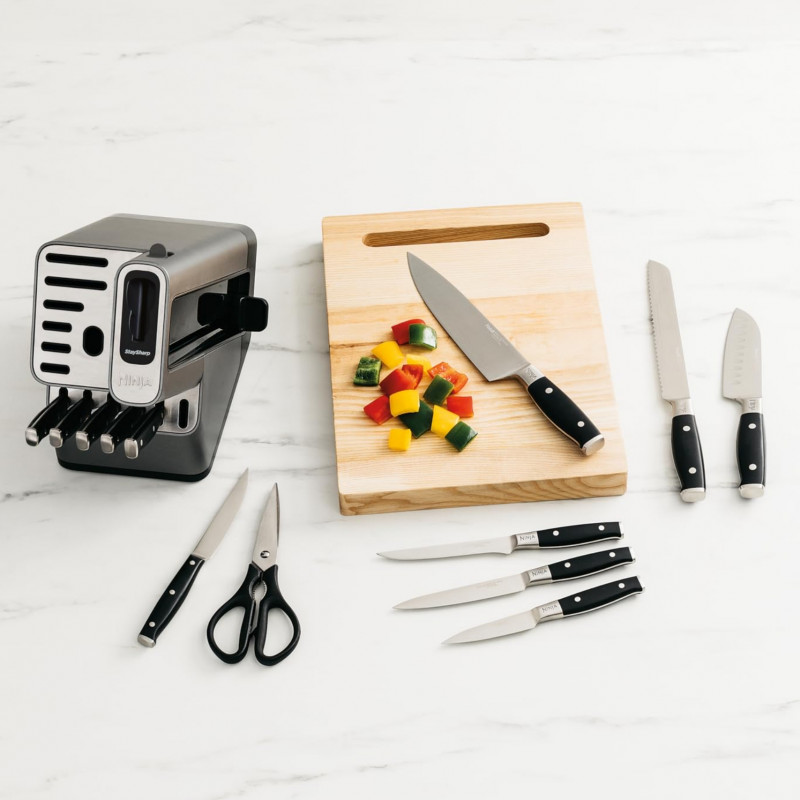 Set cutite cu ascutitor si suport Ninja K32014EUUK, 6 piese, StaySharp, Design ergonomic, Argintiu/Negru
