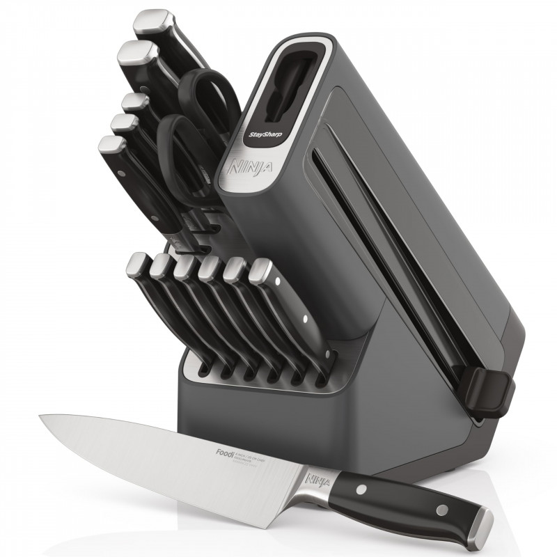 Set cutite cu ascutitor si suport Ninja K32014EUUK, 6 piese, StaySharp, Design ergonomic, Argintiu/Negru