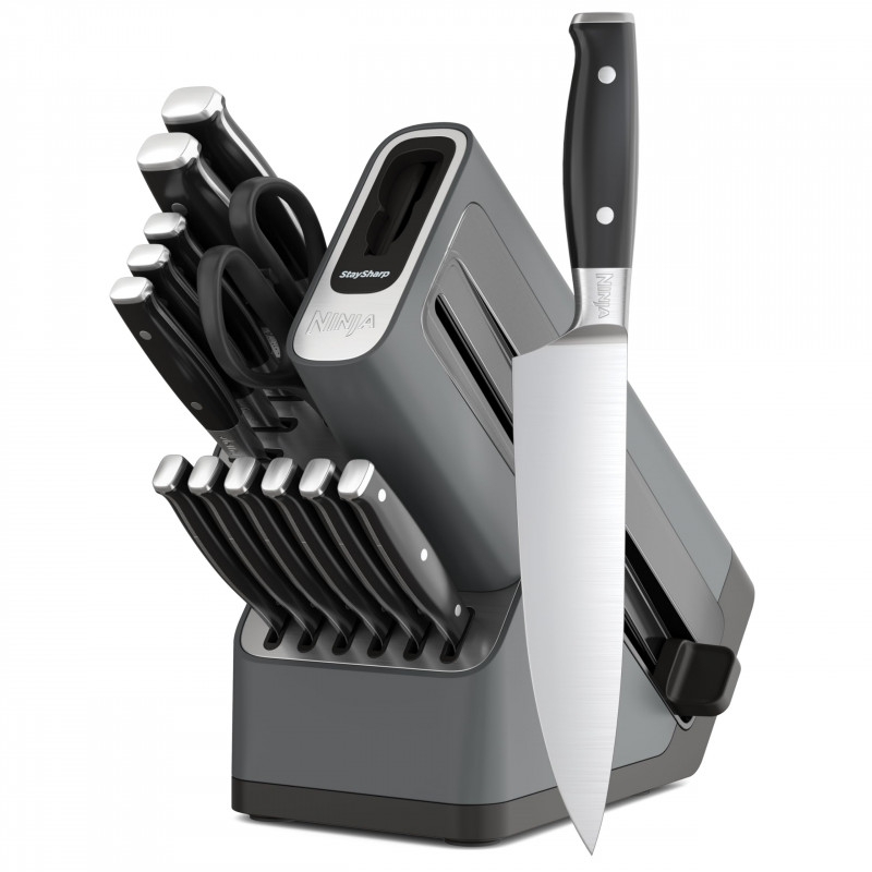 Set cutite cu ascutitor si suport Ninja K32014EUUK, 6 piese, StaySharp, Design ergonomic, Argintiu/Negru