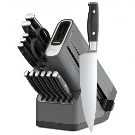 Set cutite cu ascutitor si suport Ninja K32014EUUK, 6 piese, StaySharp, Design ergonomic, Argintiu/Negru