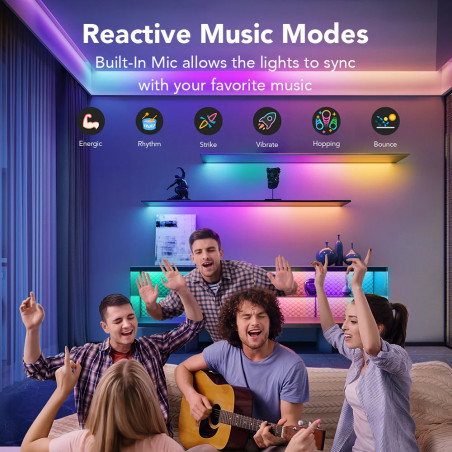 Bandă LED inteligentă Govee RGBIC H612ACD1, 24 W, 5 m, RGBICW, 120 LED-uri, Bluetooth, Wi-Fi, negru