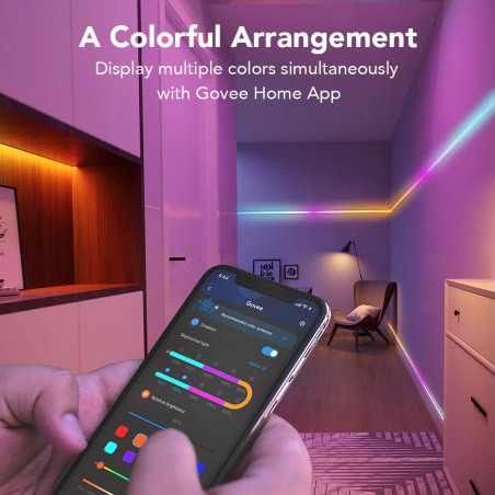 Bandă LED inteligentă Govee RGBIC H612CCD1, 36 W, 10 m, RGBICW, 240 LED-uri, Bluetooth, Wi-Fi, negru