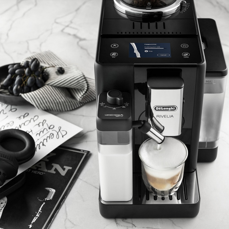 Mașină de espresso DeLonghi Rivelia Onyx Black EXAM440.55.B, 1450 W, 19 bari, 1,4 L, 16 băuturi, Aroma, LatteCrema Hot, Twin Shot, Bean Adapt, ecran tactil TFT, negru mat