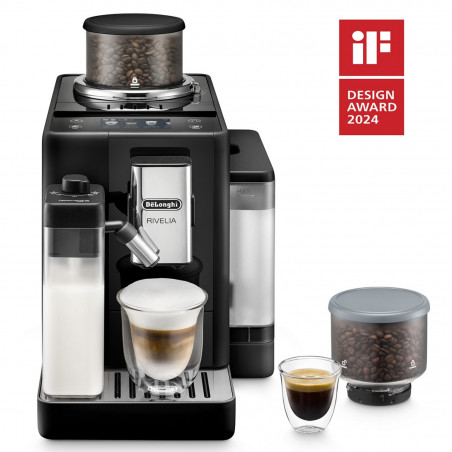 Mașină de espresso DeLonghi Rivelia Onyx Black EXAM440.55.B, 1450 W, 19 bari, 1,4 L, 16 băuturi, Aroma, LatteCrema Hot, Twin Shot, Bean Adapt, ecran tactil TFT, negru mat