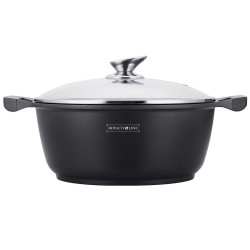 Cratita adanca Royalty Line RL-BS30ML, 30 cm, 7 L, Strat antiaderent din marmura, Capac din sticla, Fara PFOA, Pentru inductie, Negru