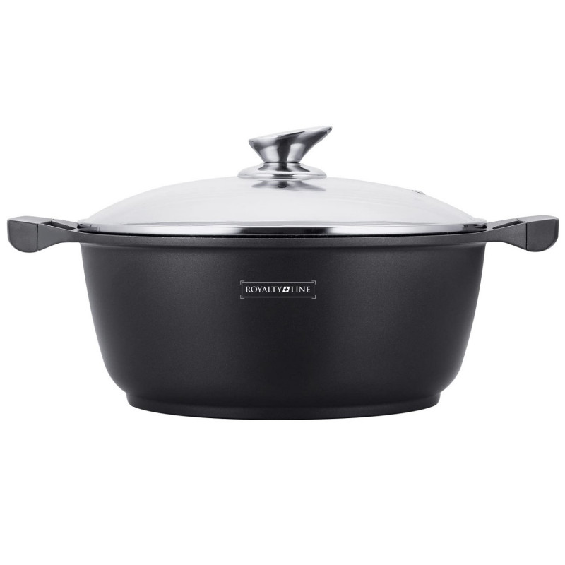 Cratita adanca Royalty Line RL-BS30ML, 30 cm, 7 L, Strat antiaderent din marmura, Capac din sticla, Fara PFOA, Pentru inductie, Negru