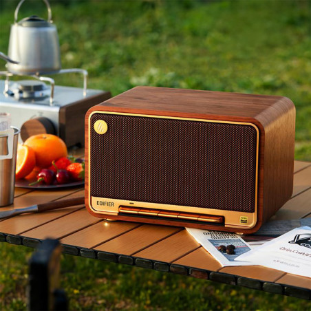 Boxa Edifier D32 BR, 60 W, Baterie pana la11 h, Audio de inalta rezolutie/wireless, Bluetooth 5.3, Wi-Fi, Apple Airplay2, DRC, DSP, Carcasa din lemn, Maro