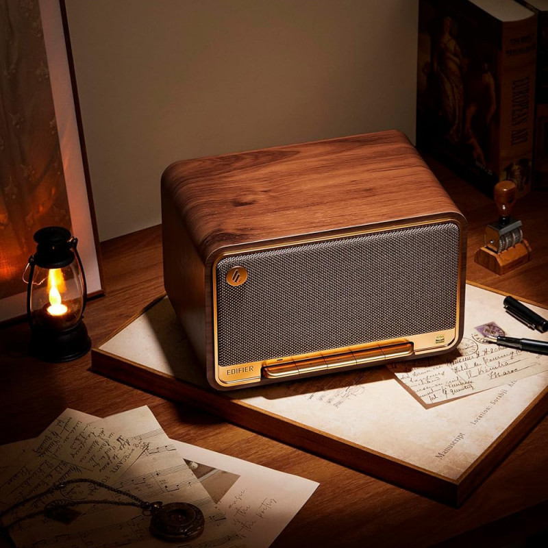 Boxa Edifier D32 BR, 60 W, Baterie pana la11 h, Audio de inalta rezolutie/wireless, Bluetooth 5.3, Wi-Fi, Apple Airplay2, DRC, DSP, Carcasa din lemn, Maro