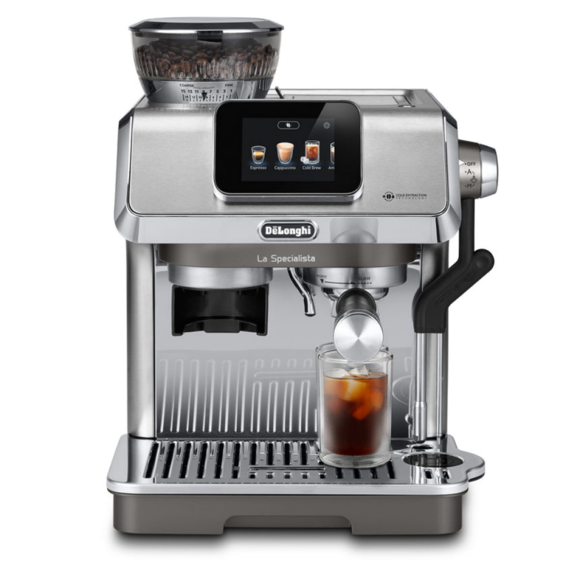 Mașină de espresso DeLonghi EC9455.M La Specialista Touch, 1450 W, 19 bari, 1,7 l, 4 viteze, 5 niveluri de spumare, 15 setări de măcinare, preparare la rece, adaptor pentru boabe, ecran tactil, oțel inoxidabil