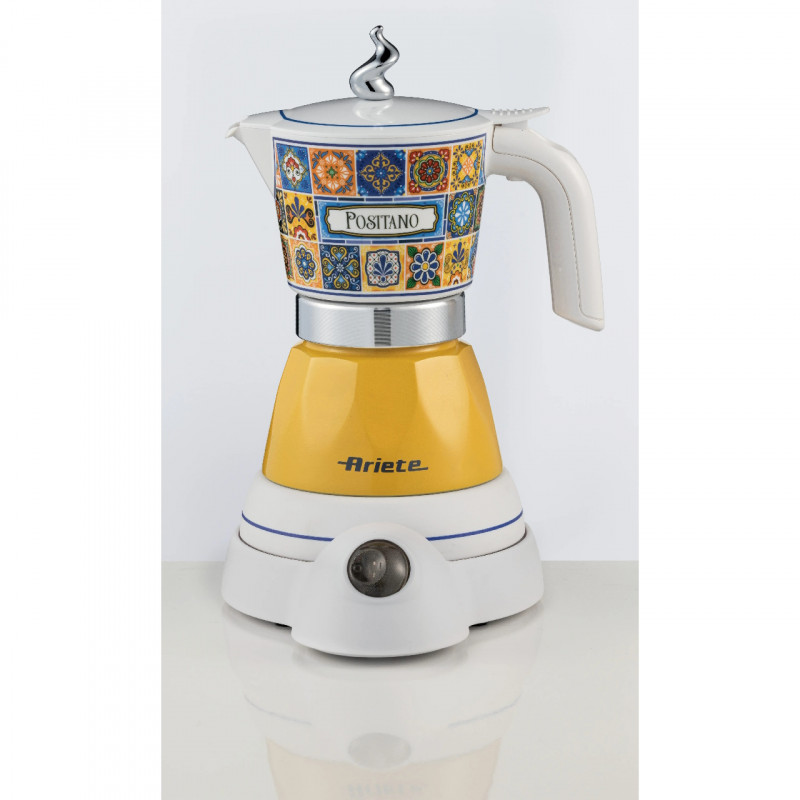 Ariete Moka Vintage Positano 1358/1P Aparat electric de cafea, 400 W, 4 cești, utilizare fără cablu, bază rotativă la 360 de grade, alb/galben