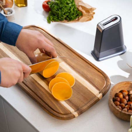 Cuțit de bucătărie Tefal K297S244, 20 cm, oțel inoxidabil, suport cu ascuțitor încorporat, protecție pentru degete, negru