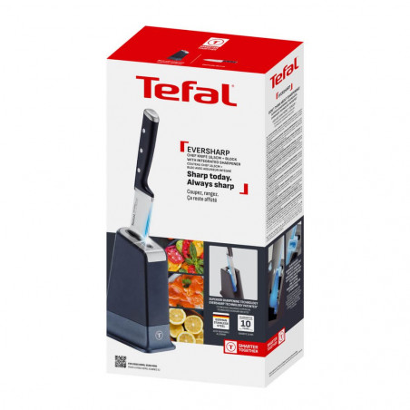 Cuțit de bucătărie Tefal K297S244, 20 cm, oțel inoxidabil, suport cu ascuțitor încorporat, protecție pentru degete, negru