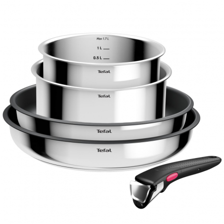 Set de tigaie și cratiță Tefal L881S504, 5 piese, oțel inoxidabil, acoperire antiaderentă din titan, rezistent la cuptor până la 250 °C, mâner detașabil, inducție, oțel inoxidabil
