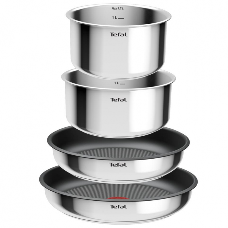 Set de tigaie și cratiță Tefal L881S504, 5 piese, oțel inoxidabil, acoperire antiaderentă din titan, rezistent la cuptor până la 250 °C, mâner detașabil, inducție, oțel inoxidabil