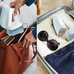 Fier de călcat vertical cu abur Tefal DT3041E1, 1300 W, 0,12 l, 20 g/min, talpă ceramică, pliabil, alb/albastru