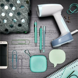 Fier de călcat vertical cu abur Tefal DT3041E1, 1300 W, 0,12 l, 20 g/min, talpă ceramică, pliabil, alb/albastru