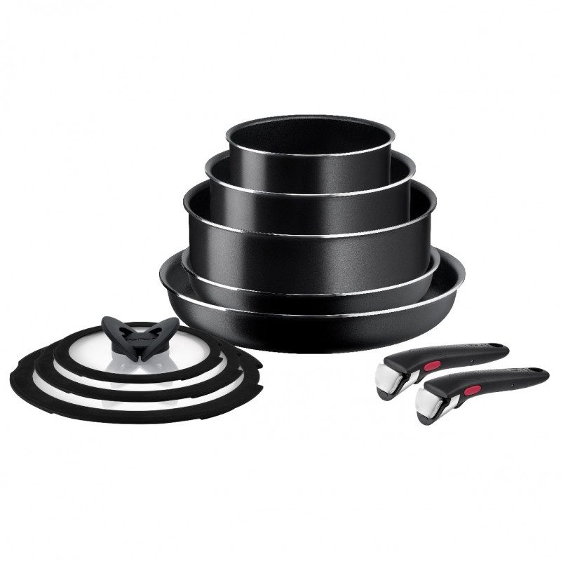 Set de tigaie Tefal Ingenio Easy Cook & Clean L1539053, 10 piese, mânere detașabile, acoperire antiaderentă, Thermo Signal, negru