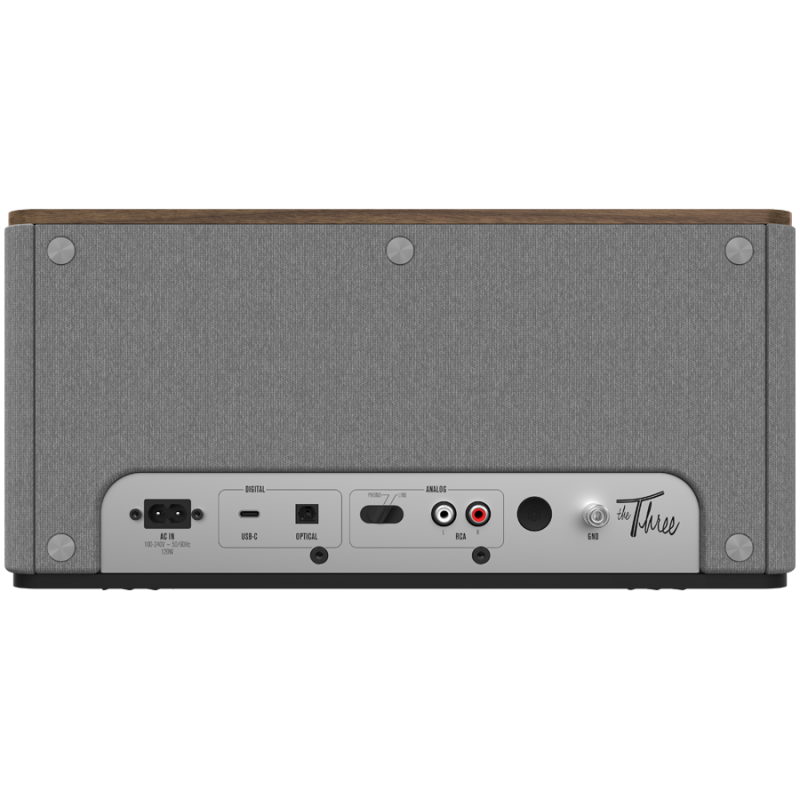 Boxa Klipsch The Three Plus Walnut, 120 W, 2.1, 45 Hz, USB+USB-C, Tip A, RCA, Bluetooth, Aplicatie mobila, Nuc/Gri