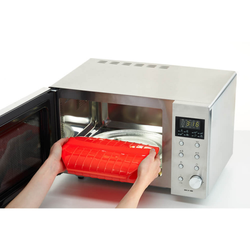 Vas gatire cu aburi pentru cuptorul cu microunde Lekue 1009026, 1,4 litri, 3-4 portii, Silicon platin, Rosu